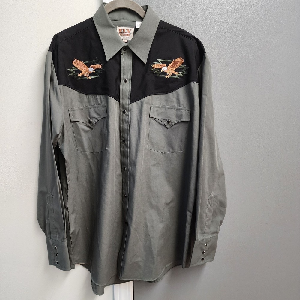 Ely Cattleman Large Bald Eagle Embroidered Pearl Snap Button Up Green Shirt